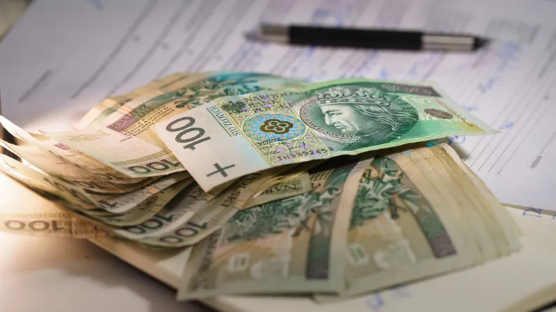 Banknoty stuzłotowe rozłożone na dokumentach i długopis